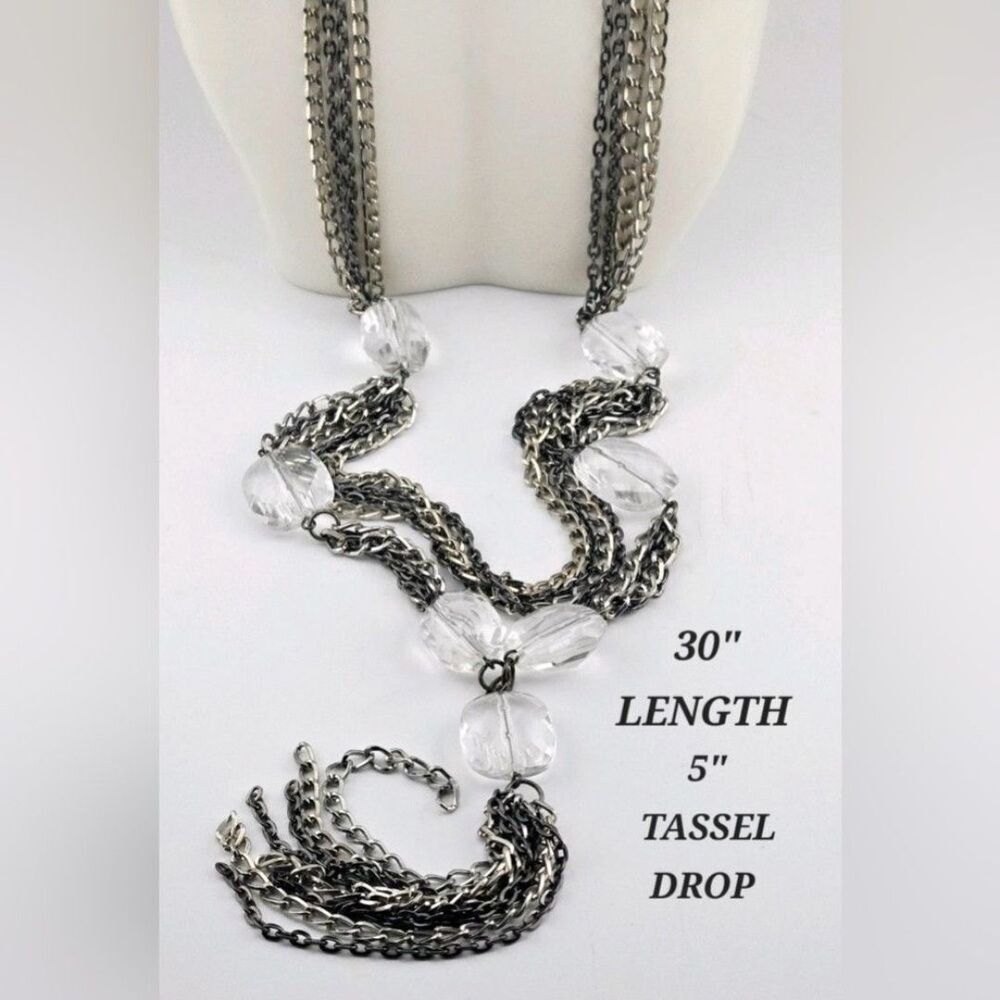 Silver & Clear Beaded Tassel Necklace